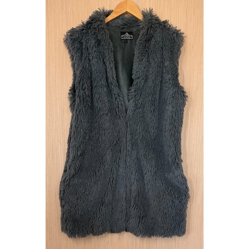 Angie Faux Fur Vest Womens Size Large Pockets Gray Lined Soft